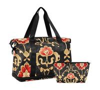 Chinese Style Elegant Flowers Red Gym Bag Large Carry On Airport Bag with Toiletry Bag for Workout Multifunctional, chinese style elegant flowers red, One Size
