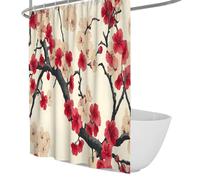 Chinese Style Elegant Shower Curtain Traditional Cottage Bathroom Decoration Red Cherry Blossom Shower Curtains Machine Washable Quick Dry with Hooks 180 x 200 cm