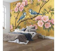 Chinese Style Elegant Wallpaper for Living Room - Tree Branches Flowers Birds Wall Murals, Non-Woven Pink Photo Wallpaper Wall Art, for Bedroom Kitchen Restaurant Office - 300 x 210 cm