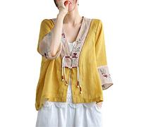 Chinese Style Embroidery Cardigan V Neck Shirt National Loose Women Hanfu Tang Suit Vintage Traditional Blouse Casual