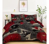 Chinese Style Fish Chrysanthemum Premium Reversible Duvet Set - Printed Bedding - Soft, Hypoallergenic Coverless Duvet - Stylish Double-Sided Design for Bedroom Decor, 220 x 240 cm, Reddish Gray