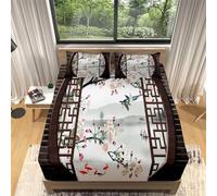 Chinese Style Fitted Sheet King Size Bed Flower Landscape 3D Fitted Sheets Deep Pocket 12 inch 30 cm Bottom Sheet Ultra Soft Microfibre Bedding Set with 2 Pillowcases a.6154