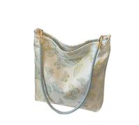 Chinese Style Gold Thread Embroidery Bamboo Leaf/Butterfly Deco Pattern Women's Handbag, Fashion Crossbody Purse Shoulder Bag for Ladies-Blue