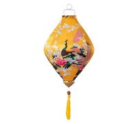 Chinese Style Hanging Lantern Vietnamese Silk Lanterns Chinese Oval Silk Lantern Peacock Print Foldable Lantern(Yellow,18 Inch)