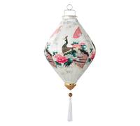 Chinese Style Hanging Lantern Vietnamese Silk Lanterns Chinese Oval Silk Lantern Peacock Print Foldable Lantern(White,20 Inch)