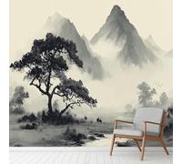 Chinese Style Ink Wall Decals, Mountain Lake Wall Mural Waterproof Vinyl Murals, Oriental Style Stickers Peel and Stick Wallpaper for Home Office Decoration 352x250 cm