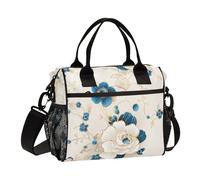 Chinese-Style Jade Blue Gold Flower Lunch Bag for Girls Adjustable) with Shoulder Strap Lunch Cooler for Men Teachers Kindergarten