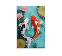 Chinese Style Koi Fish Wall Art, Pink Lotus Pond Carp Hanging Paintings Poster, Traditional Good Luck Aesthetic Artwork, Modern Oriental Landscape Picture for L 16x24inch(40x60cm)
