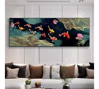 Chinese Style Koi Nine Fish Feng Shui Carp Canvas Painting Goldfish Lotus Pond Poster Wall Art Picture Living Room Decor 30x90cm(12x35in) Frameless