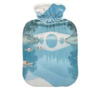 Chinese Style Lake Mountain Bridge Blue Cute hot Water Bottle with Soft Cover, 2L Water Bottle Bag for Hot and Cold Therapies
