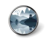 Chinese Style Landscape Badges Circle with Button Design, Personalized Picture Pin Brooches, Round Badge Holders for Decorate Hat Shirt Clothing Bag Accessories