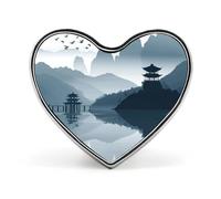 Chinese Style Landscape Badges Heart with Button Design, Personalized Picture Pin Brooches, Heart Badge Holders for Decorate Hat Shirt Clothing Bag Accessories