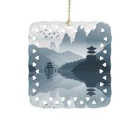 Chinese Style Landscape Ceramic Christmas Ornaments Rustic Square Xmas Tree Pendant Decor with Hanging String Personalized Double-Sided Holiday Party Ornament for Xmas Gifts