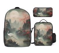 Chinese-Style Landscape Painting of A Crane Flying Birds 3 Pieces Set Laptop Backpack Travel Daypack with Lunch Box Pencil Case for Men Women
