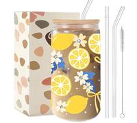 Chinese Style Lemon Floral Glass Tumbler, 16oz Coquette Lemon Aesthetic Cup with Plastic Lid & Straws, Cute Iced Tea Drinking Glass, Unique Birthday Christmas Gift for Women