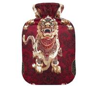 Chinese Style Lion hot Water Bottles with Soft Cover, 2L Warm Compress for Hand Feet Warmer, Hand Feet Warmer