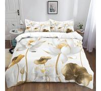 Chinese Style Lotus White Gold Duvet Covers King Size White Bedding Set Comforter Cover Microfiber 3 Pcs Duvet Cover Set Bedroom Decor, with 2 Pillowcases