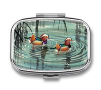 Chinese Style Mandarin Duck Pill Box 2 Compartments Portable Pill Organizer for Pocket or Purse Decorative Metal Medicine Vitamins Organizer