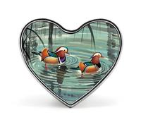 Chinese Style Mandarin Ducks Badges Heart with Button Design, Personalized Picture Pin Brooches, Heart Badge Holders for Decorate Hat Shirt Clothing Bag Accessories
