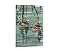 Chinese Style Mandarin Ducks Wall Art, 12x18inch(30x45cm) Vertical Canvas Wall Art Prints, Modern Home Hanging Decor for Living Room, Bedroom, Office, Framed/Unframed, Frame-style
