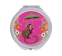 Chinese Style Monkey With Umbrella On pink Folding Make Up Mirror, Compact 2X/1X Magnification Mirror, Women Portable Travel Makeup Mirror 2.4 x 2.4 inch