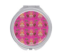 Chinese Style Monkeys With Umbrella On Pink Folding Make Up Mirror, Compact 2X/1X Magnification Mirror, Women Portable Travel Makeup Mirror 2.4 x 2.4 inch