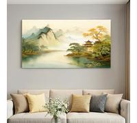 Chinese Style Mountains Framed Canvas Wall Art 120L x 80W cm Peaceful Lake Surface Artwork Wall Canvas Pictures for Living Room Bedroom Hallway Decoration Prints with Hooks and Nails