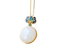 Chinese Style Necklace,S925 Silver Gold-Plated Inlaid Natural And Field Jade Auspicious Clouds Round Plate Cloisonné Necklace Pendant for Women Yoga Genuine