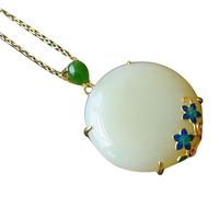 Chinese Style Necklace,S925 Silver Gold-Plated Natural Hetian Jade Round Burnt Blue Flower Necklace Pendant for Women Yoga Genuine