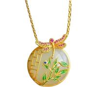 Chinese Style Necklace,S925 Silver Gold-Plated with Natural Hetian Jade Round Plaque Dragonfly Necklace Pendant for Women Yoga Genuine