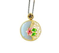 Chinese Style Necklace,S925 Silver Gold-Plated with Natural Hetian White Jade Pond Moonlight Enamel Necklace Pendant for Women Yoga Genuine