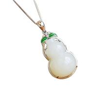 Chinese Style Necklace,S925 Silver with Natural Hetian White Jade Gourd Necklace Pendant for Women Yoga Genuine