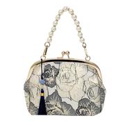 Chinese Style Pearl Handle Banquet Bag, Elegant Large Capacity Embroidery Banquet Purse Ladies Clutch Bag(Dark Blue)