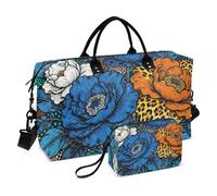 Chinese Style Peony Blue Orange Large Carry On Airport Bag Large Gym Bag with Adjustable Strap for Trip Multifunctional
