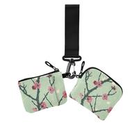 Chinese Style Plum Blossom Green Oil Painting Women Coin Pouches Card Holder Small Detachable Card Wallet Money Organizer with Keychain for Women 2 Pieces, Chinese Style, Chinese style plum blossom