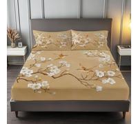 Chinese Style Plum Blossoms Are Elegant Printed Fitted Sheets 3 Pieces, 12 Inch Deep Soft Microfiber Elastic Fitted Bed Sheets Luxury Washable Print Fitted Cover for Mattress, Beige, Super King Size