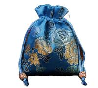 Chinese Style Retro Embroidery Flower Drawstring Sugar Bag, Silk Gift Coin Purse with Drawstring, Jewelry Storage Bag(lake blue)