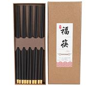 Chinese Style Reusable Chopsticks Set, Household Tableware Cutlery with Copper Inlay Fu Character, Natural African Blackwood Chopsticks for Home Hotel Restaurant Gift (Purple Sandalwood Five Pairs