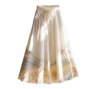 Chinese Style Skirt Women - Landscape Print with Lace-Up Pleated Hanfu Horse Face Skirts,Vintage Large Size Slim Fit Traitional Big Swing A-Line Long Skirt,Apricot,XL