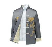 Chinese Style Tai Chi Shirt Kung Fu Tops Tang Suit Men Long Sleeve Dragon Embroidered Jacket Coat Outwear Grey