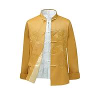 Chinese Style Tai Chi Shirt Kung Fu Tops Tang Suit Men Long Sleeve Dragon Embroidered Jacket Coat Outwear Yellow