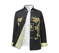 Chinese Style Tai Chi Shirt Kung Fu Tops Tang Suit Men Long Sleeve Dragon Embroidered Jacket Coat Outwear Black