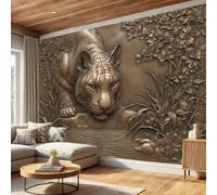 Chinese-Style Tiger Bronze Statue Wall Mural Retro Animals Lakes 200X140Cm Photo Wallpaper, Brown 3D Print Non-Woven Mural Wallpaper For Living Room Bedroom Kids Room Tv Sofa Background Decor