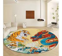 Chinese Style Tiger Dragon Washable Round Rugs Diameter 140 cm, Soft Shaggy Low-Pile Indoor Carpet - Large Non Slip Beige Area Rug for Living Room Bedroom Playroom Dining Room