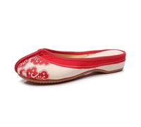 Chinese Style Traditional Embroidered Backless Flat Mules Women's Elegant Cheongsam Shoes Lightweight Comfort Closed Toe Slippers Non-Slip Home Casual Slippers(Red,5.5 UK)