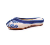 Chinese Style Traditional Embroidered Backless Flat Mules Women's Elegant Cheongsam Shoes Lightweight Comfort Closed Toe Slippers Non-Slip Home Casual Slippers(Blue,4.5 UK)