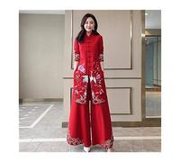 Chinese Styles Long Dress Qipao Chinese Cheongsam Dress Traditional Chinoise Two Pieces Women Pants Suits Comfortable (Color : Red, Size : M.)