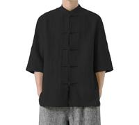 Chinese Tang Suit Shirts for Men Cotton Linen Traditional Chinese Shirts Casual Short Sleeve Collarless Shirt Kung Fu Suit Mens Hanfu Martial Arts Clothes Shirt Taichi Uniform Tops Black