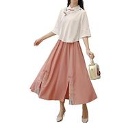 Chinese Tang Suit Women's Traditional Qipao Cheongsam Embroidered Two Piece Outfit Mandarin Top Tea Length Skirt Dress