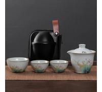 Chinese Tea Set,Chinese Ceramic Tea Cup, Ruyao Kuaike Cup Ceramic One Pot Three Cups Car Mounted Outdoor Handdrawn Simple Portable Bag Travel Kung Fu Tea Set Teapot (Color : D)